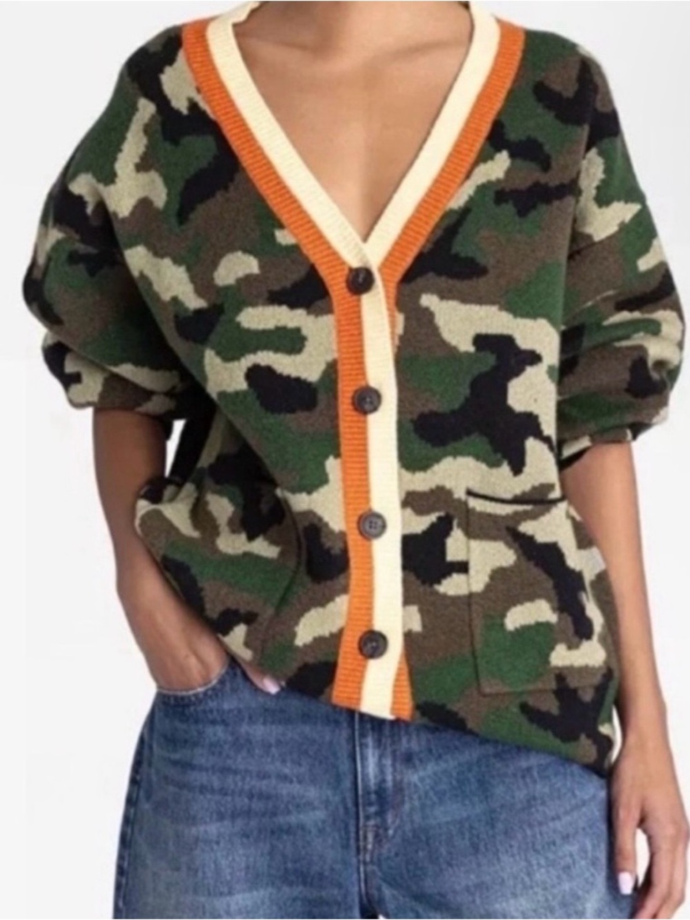 NWT KBB by Kahlana Camouflage Button Front Cardigan with Orange Trim. Size M